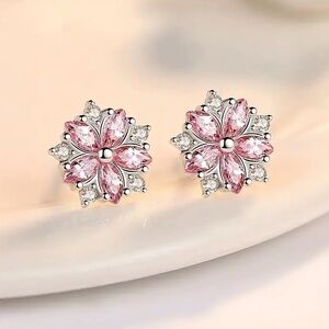 925 Silver Plated Pink Crystal Flower Stud Earrings Women Pink Flower Earrings